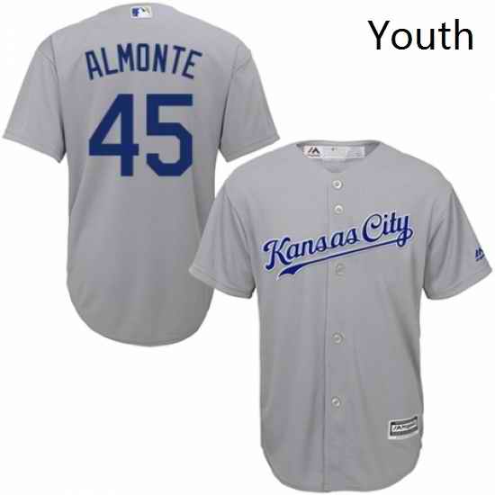 Youth Majestic Kansas City Royals 45 Abraham Almonte Replica Grey Road Cool Base MLB Jersey